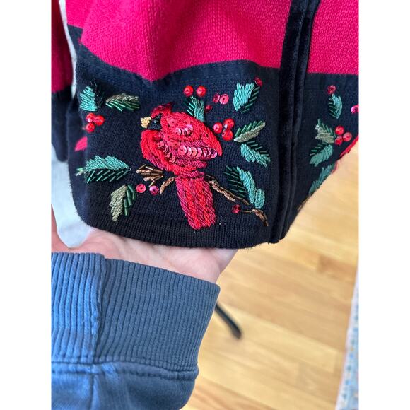Vintage Red & Black Velvet Trim Embroidered Cardinal Zip Up Cardigan - Picture 4 of 8